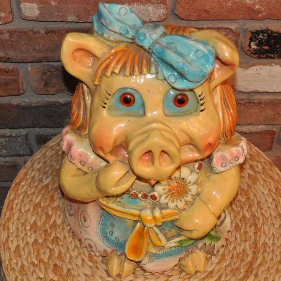 Jumbo 14" Vintage 70 Large Hand Painted Dress Pig Piggy Bank Ceramic Chalk ware - Picture 6 of 13